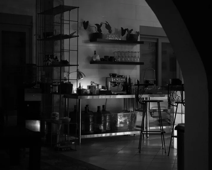 The bar and shelving of a venue, lit low before a screening.