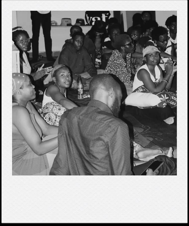 An audience seated on floor cushions during a screening, a VAF banner behind them.